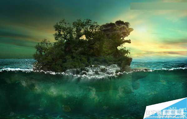 Photoshop合成海洋巨龟驮着岛在水上漂浮的效果图97