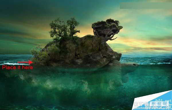 Photoshop合成海洋巨龟驮着岛在水上漂浮的效果图63