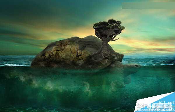 Photoshop合成海洋巨龟驮着岛在水上漂浮的效果图52