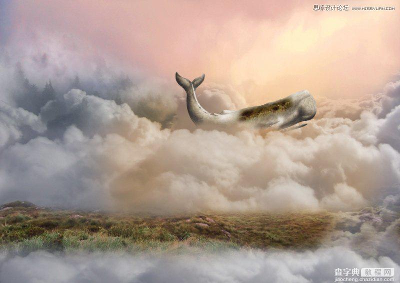 Photoshop合成在鲸鱼背着城堡在云端飞翔的场景17