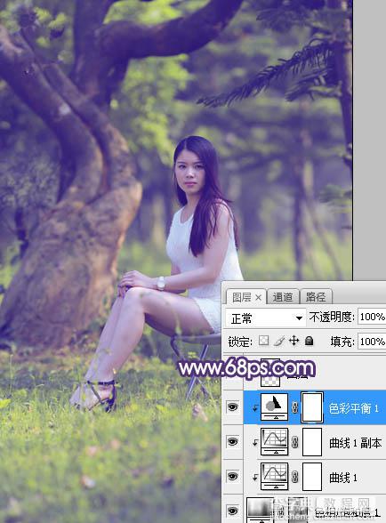 Photoshop调制出小清新蓝黄色树边人物图片13