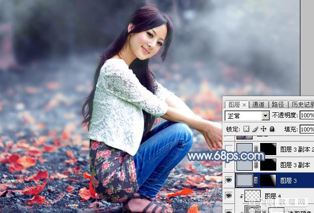 Photoshop将外景人物图片打造出古典暗蓝色秋季效果50
