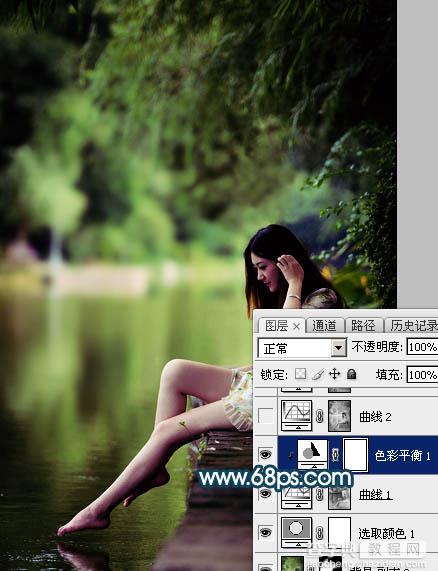 Photoshop为水景人物图片打造梦幻的暗青色效果14