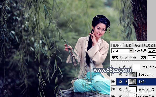 Photoshop调制出唯美的暗青色古装人物图片8