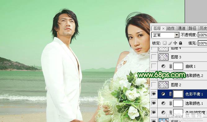 Photoshop将海景婚片调成甜美的青绿色图片调色效果10
