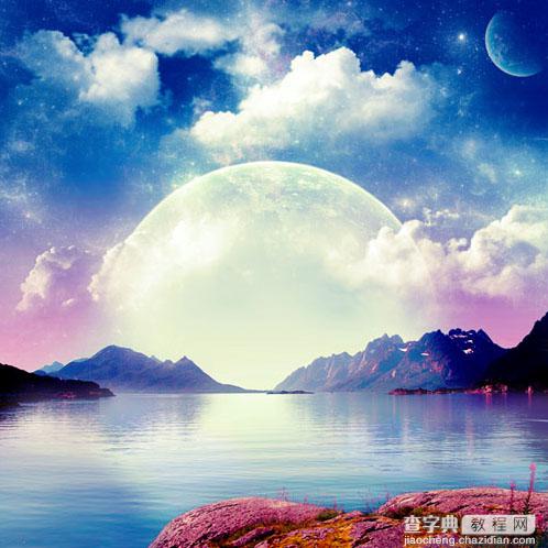 PS合成巨大月亮在水面升起的唯美梦幻场景图片1
