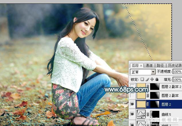 Photoshop将草地人物图片调制出柔和甜美的淡调青红色38