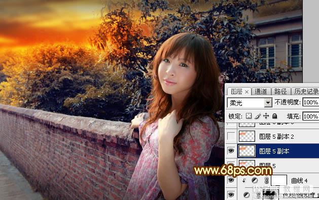 Photoshop调制出橙色霞光色围墙边人物图片37