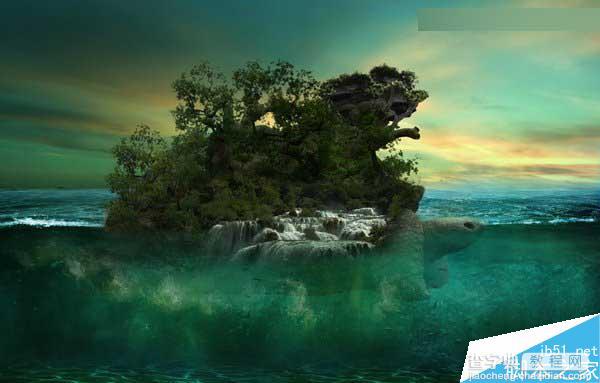 Photoshop合成海洋巨龟驮着岛在水上漂浮的效果图71
