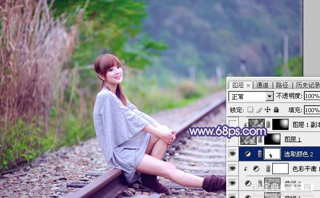 Photoshop将铁轨人物图片打造清爽的淡调蓝绿色效果22