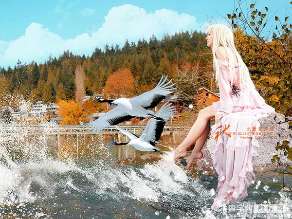 PS创意合成秋季森林公园里戏水的美女图1