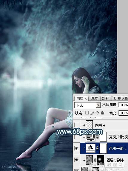 Photoshop调出梦幻唯美的暗调青蓝色河边人物图片22