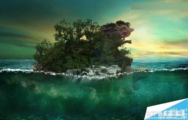 Photoshop合成海洋巨龟驮着岛在水上漂浮的效果图92