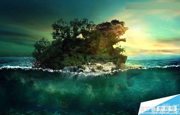 Photoshop合成海洋巨龟驮着岛在水上漂浮的效果图105