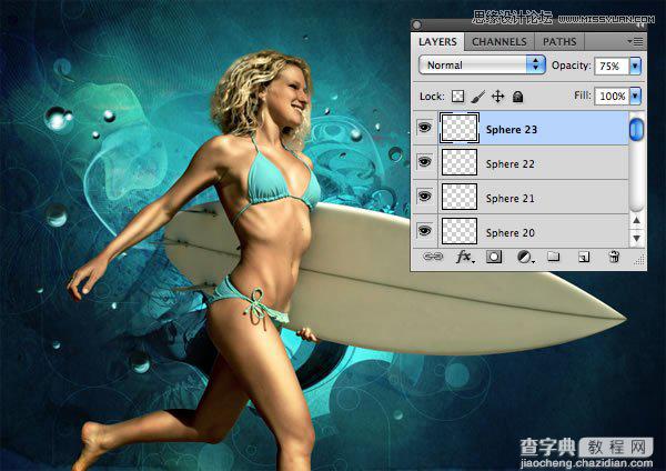 Photoshop合成从水花中冲出抱着滑板的海边美女49