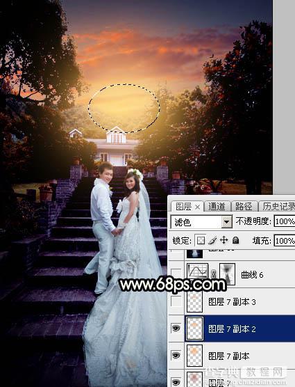 Photoshop调出暗调暖色霞光园林中情侣图片42