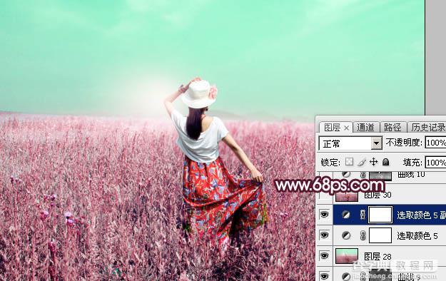 Photoshop将草丛人物图片打造魔幻的粉调红绿色效果51