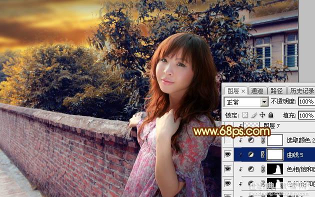 Photoshop调制出橙色霞光色围墙边人物图片29