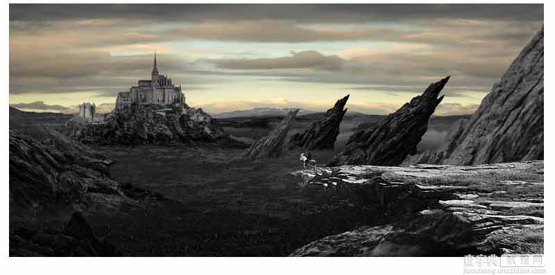 Photoshop合成骑士站在山间瞭望城堡的场景11