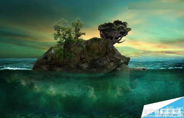 Photoshop合成海洋巨龟驮着岛在水上漂浮的效果图59