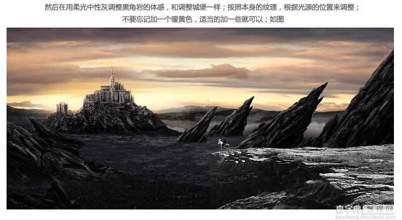 Photoshop合成骑士站在山间瞭望城堡的场景27