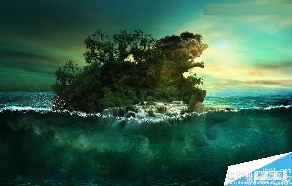 Photoshop合成海洋巨龟驮着岛在水上漂浮的效果图101