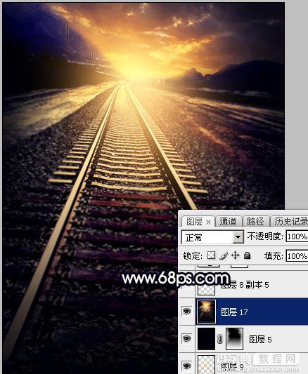 Photoshop为铁轨图片加上晨曦暖色38