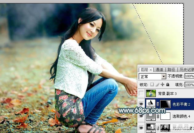 Photoshop将草地人物图片调制出柔和甜美的淡调青红色50