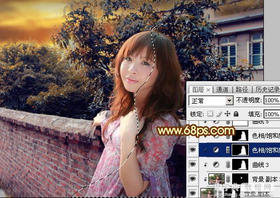 Photoshop调制出橙色霞光色围墙边人物图片26