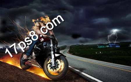 photoshop合成制作出地狱骑士在马路上飞奔的电影海报32