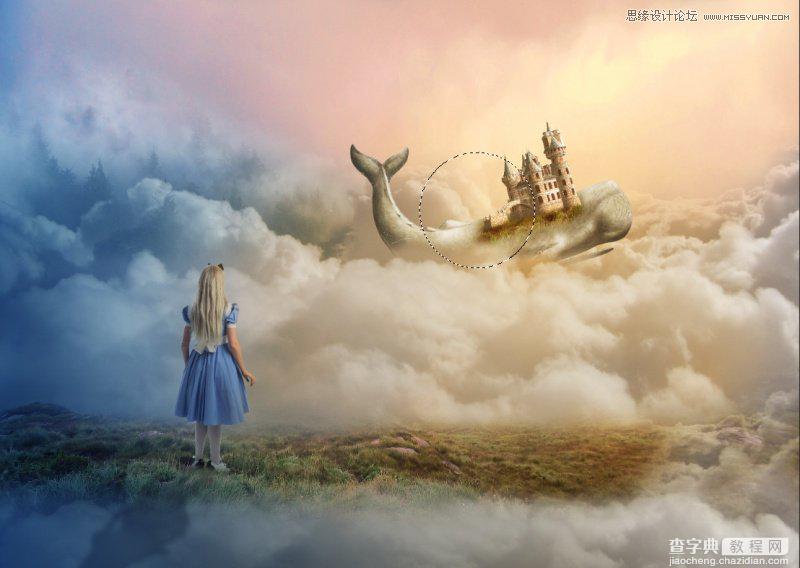 Photoshop合成在鲸鱼背着城堡在云端飞翔的场景27