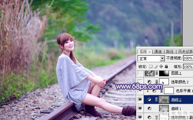 Photoshop将铁轨人物图片打造清爽的淡调蓝绿色效果15