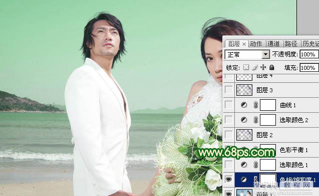 Photoshop将海景婚片调成甜美的青绿色图片调色效果4
