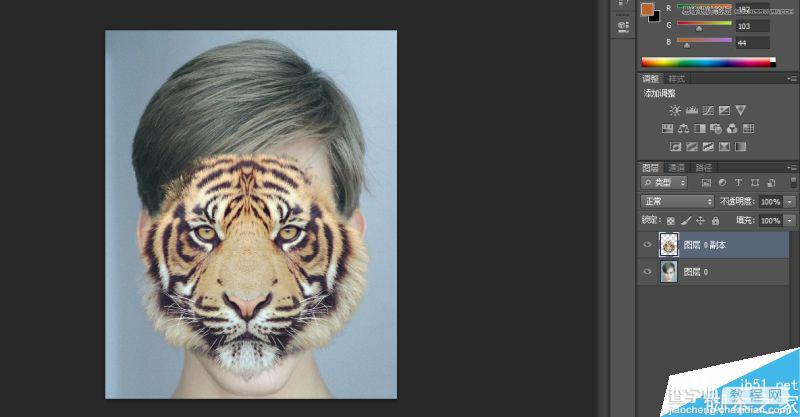 Photoshop将老虎头像和人脸完美融合在一起的效果图26