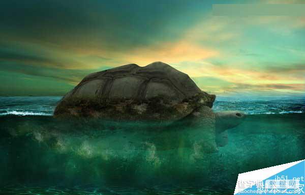 Photoshop合成海洋巨龟驮着岛在水上漂浮的效果图44