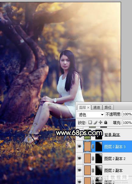 Photoshop调制出唯美的深秋暗黄色树林人物图片24