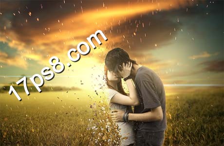photoshop将亲吻中的情侣合成霞光草原中逐渐消失的粒子化效果28