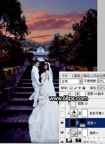 Photoshop调出暗调暖色霞光园林中情侣图片33