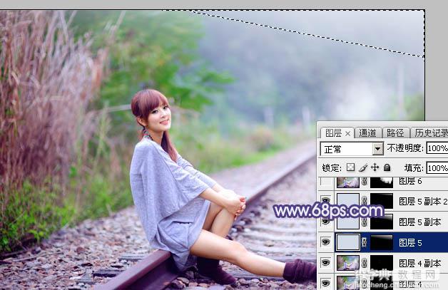 Photoshop将铁轨人物图片打造清爽的淡调蓝绿色效果39