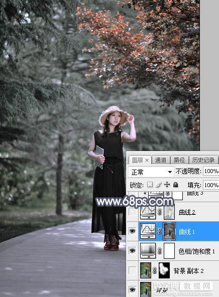 Photoshop将外景人物图片打造深秋暗调蓝红色9