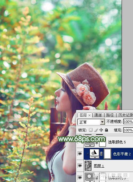 Photoshop将树林人物图片打造出甜美的青红色早秋色33