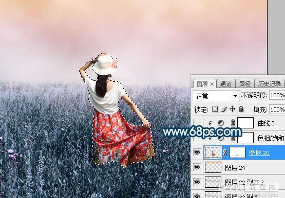 Photoshop将草原人物图片打造出唯美的蓝红色特效32