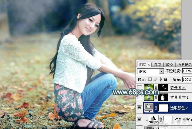 Photoshop将草地人物图片调制出柔和甜美的淡调青红色26