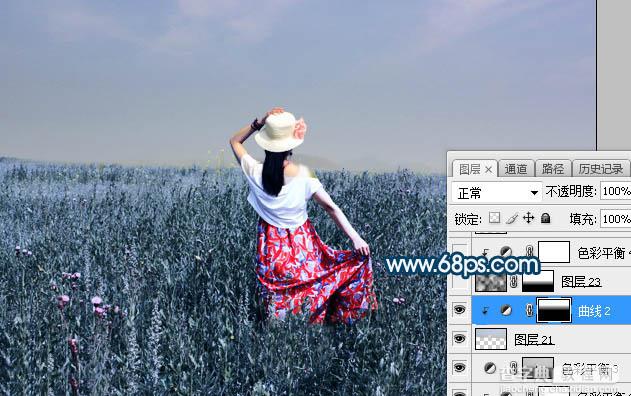 Photoshop将草原人物图片打造出唯美的蓝红色特效23