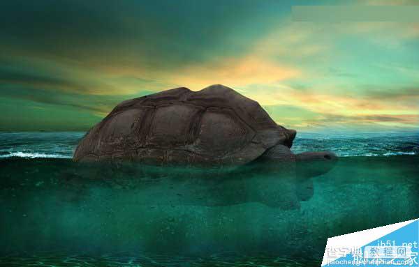Photoshop合成海洋巨龟驮着岛在水上漂浮的效果图30
