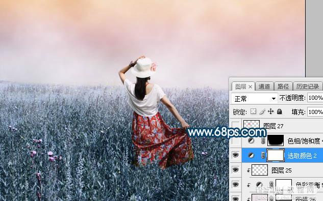 Photoshop将草原人物图片打造出唯美的蓝红色特效41