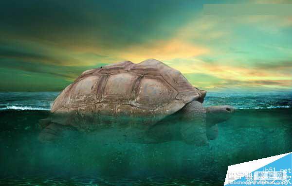 Photoshop合成海洋巨龟驮着岛在水上漂浮的效果图28