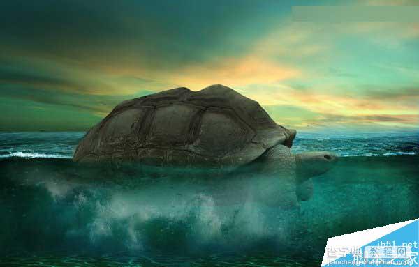Photoshop合成海洋巨龟驮着岛在水上漂浮的效果图37