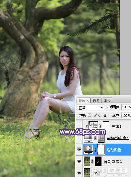 Photoshop调制出小清新蓝黄色树边人物图片6