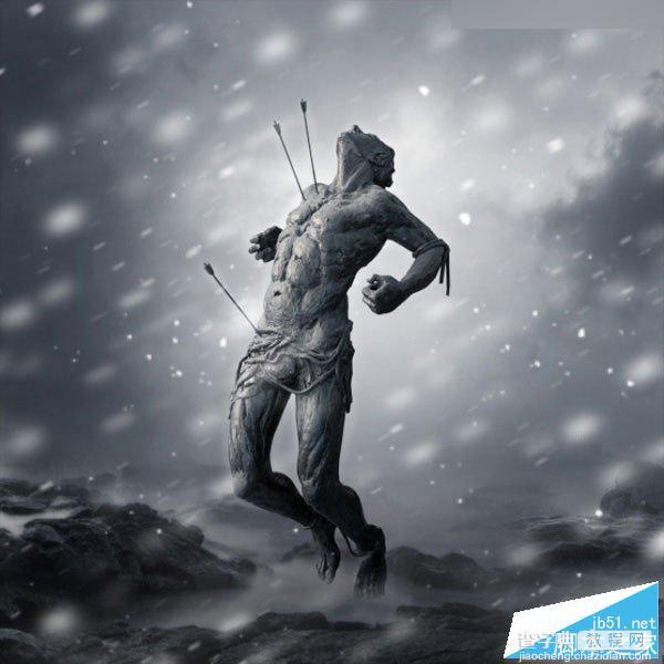 Photoshop合成暴风雪中被射杀的勇士雕塑悲壮场景35